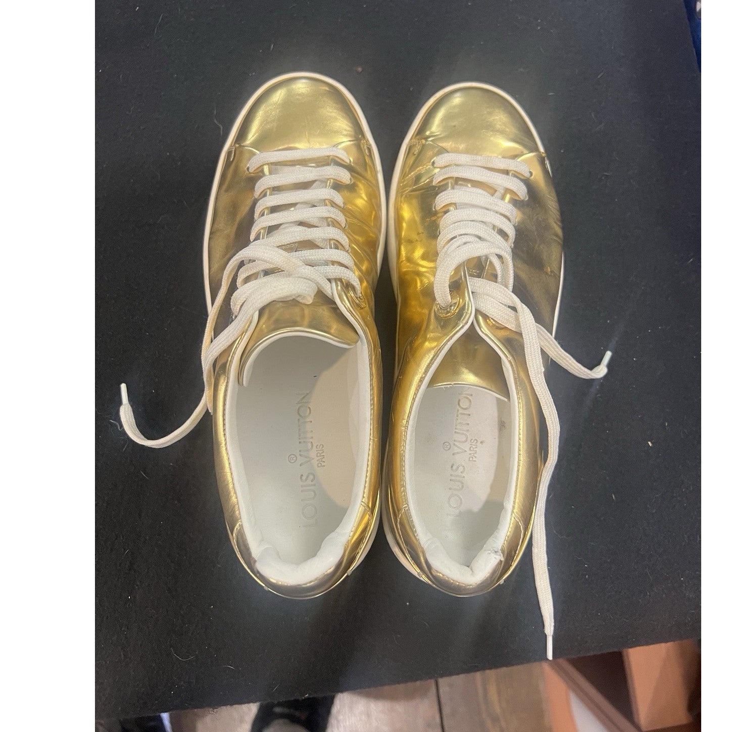 Louis Vuitton Gold Leather Sneakers Women’s 6.5 US 36.5 EU Logo Lace Up Flat0